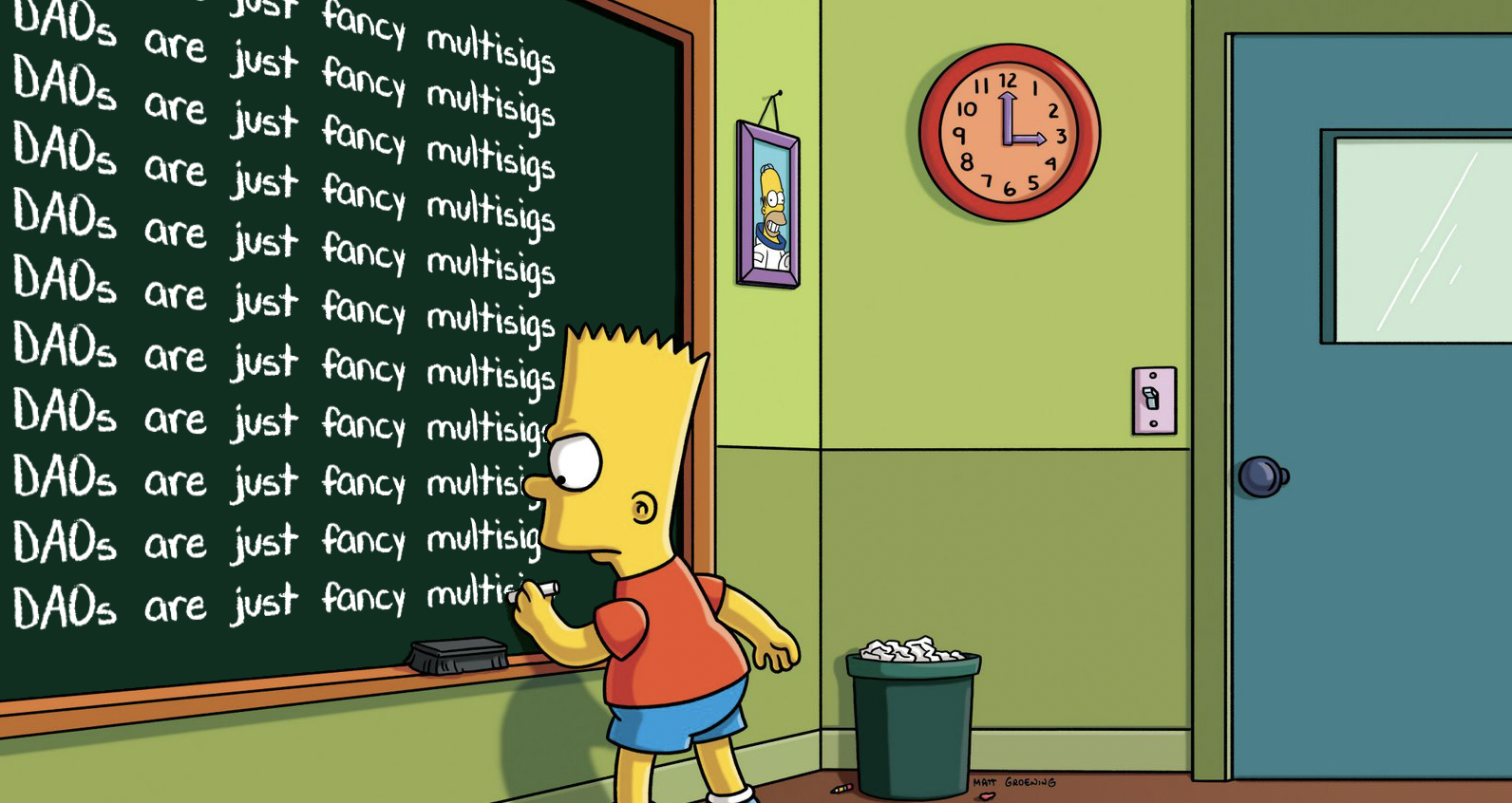 Bart Simpson writing &ldquo;DAOs are just fancy multisigs&rdquo;.